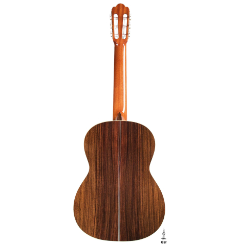 The back of a Wataru Tsuji "S-1 S" classical guitar made of spruce and Indian rosewood