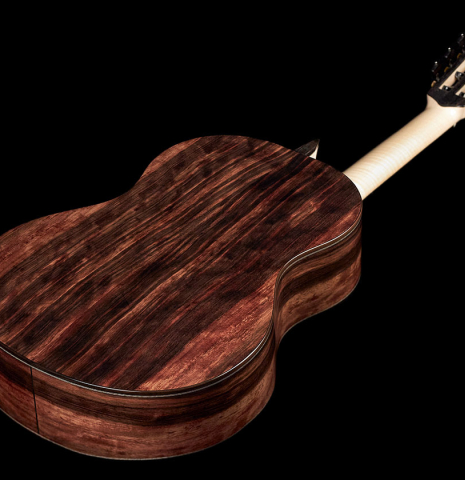 The back and sides of a 2019 Rafal Turkowiak classicalg guitar made with spruce top and Makassar Ebony back and sides.