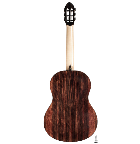 The back of a 2019 Rafal Turkowiak classicalg guitar made with spruce top and Makassar Ebony back and sides.