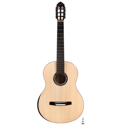 The front of a 2019 Rafal Turkowiak classicalg guitar made with spruce top and Makassar Ebony back and sides.