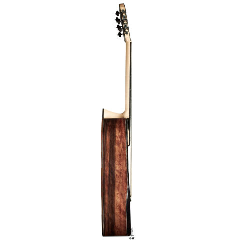The side of a 2019 Rafal Turkowiak classicalg guitar made with spruce top and Makassar Ebony back and sides.