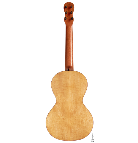 This is the maple back of a 2022 Mark Usherovich "Romantic" classical guitar on a white background.