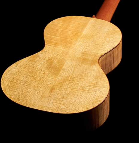 This is the back and sides of a 2022 Mark Usherovich "Romantic" classical guitar made with spruce top and maple back and sides