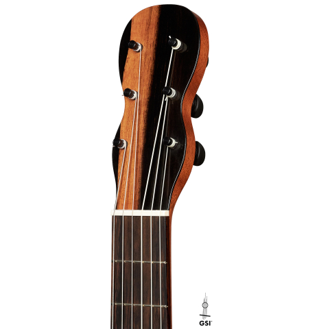 This is the headstock and tuners of a 2022 Mark Usherovich "Romantic" classical guitar made with spruce top and maple back and sides
