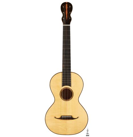 The front of a 2024 Mark Usherovich "Romantic" classical guitar made of spruce and maple