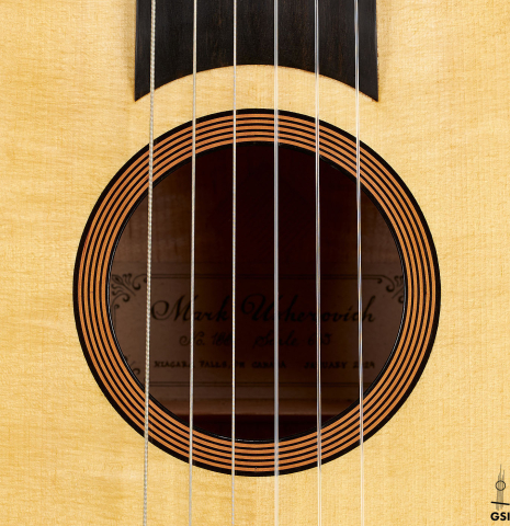 The rosette of a 2024 Mark Usherovich "Romantic" classical guitar made of spruce and maple