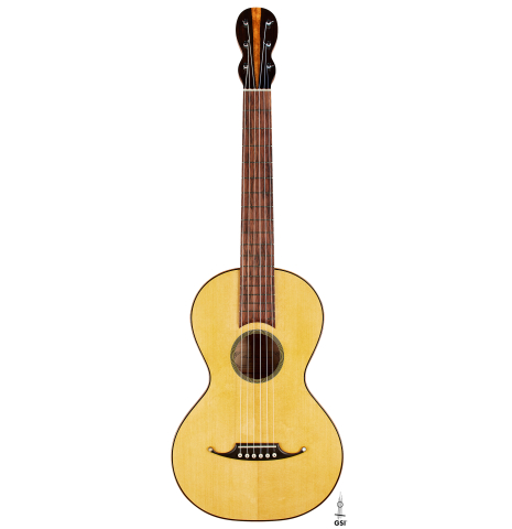 The front of a 2024 Mark Usherovich "Romantic" classical guitar made of spruce and maple