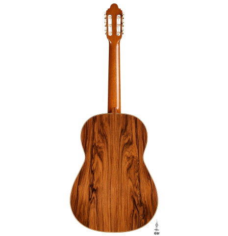 The back of a 2023 Mark Usherovich "Lattice" classical guitar made of spruce and pau ferro