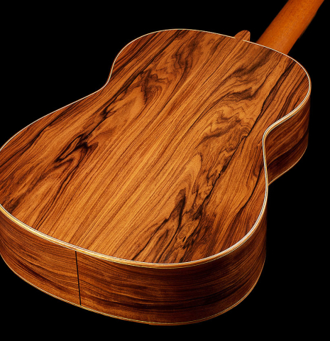 The back and sides of a 2023 Mark Usherovich "Lattice" classical guitar made of spruce and pau ferro