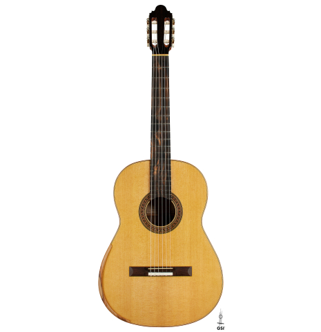 The front of a 2023 Mark Usherovich "Lattice" classical guitar made of spruce and pau ferro
