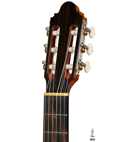 The headstock of a 2023 Mark Usherovich "Lattice" classical guitar made of spruce and pau ferro