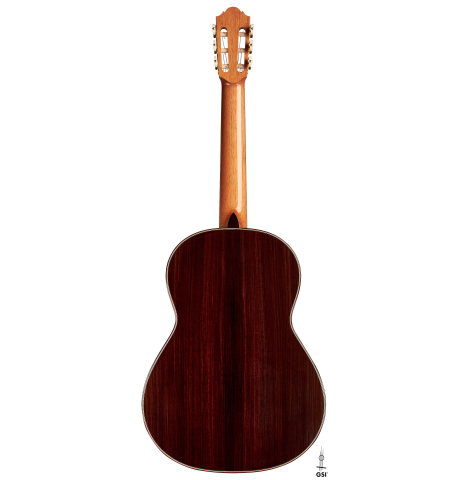 The back of a 2017 Angelo Vailati classical guitar made with spruce and Indian rosewood