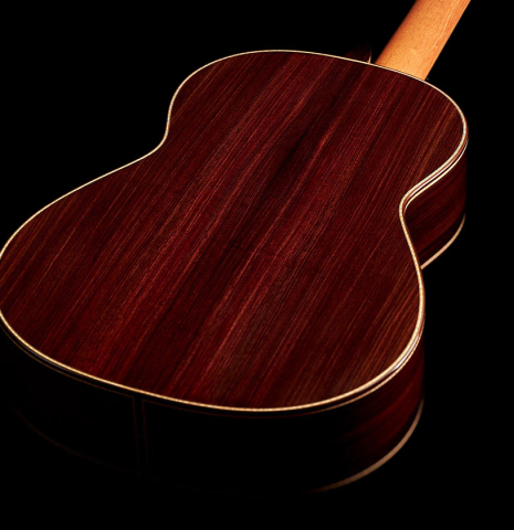 The back of a 2017 Angelo Vailati classical guitar made with spruce and Indian rosewood