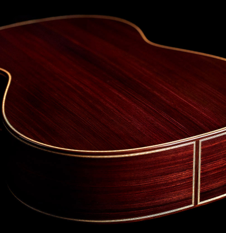 The back and sides of a 2017 Angelo Vailati classical guitar made with spruce and Indian rosewood