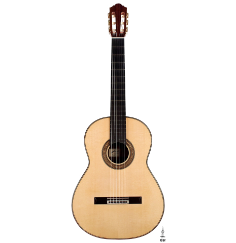 The front of a 2017 Angelo Vailati classical guitar made with spruce and Indian rosewood
