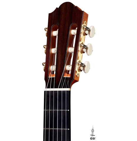 The headstock of a 2017 Angelo Vailati classical guitar made with spruce and Indian rosewood