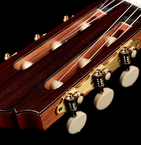 The headstock of a 2017 Angelo Vailati classical guitar made with spruce and Indian rosewood