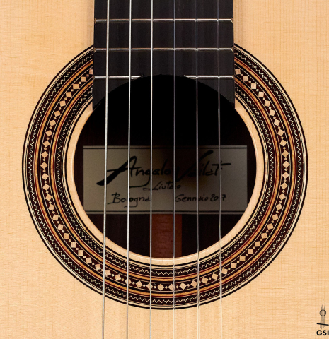 The rosette of a 2017 Angelo Vailati classical guitar made with spruce and Indian rosewood