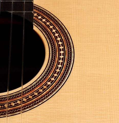 The rosette of a 2017 Angelo Vailati classical guitar made with spruce and Indian rosewood