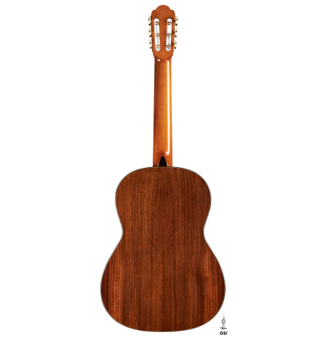 The back of a 2015 Angelo Vailati classical guitar (ex Gianvito Pulzone) made of spruce and Indian rosewood