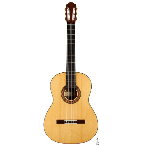 The front of a 2015 Angelo Vailati classical guitar (ex Gianvito Pulzone) made of spruce and Indian rosewood