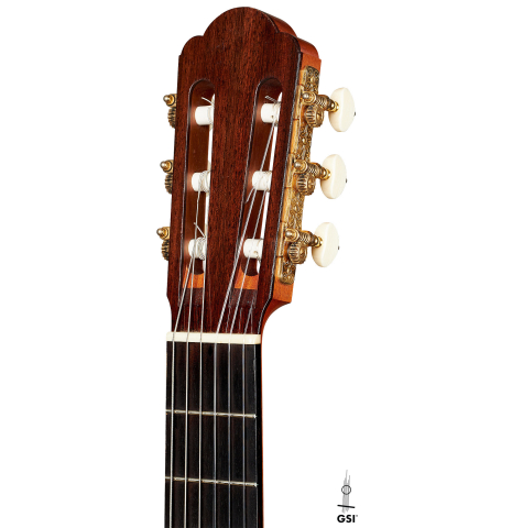 The headstock of a 2015 Angelo Vailati classical guitar (ex Gianvito Pulzone) made of spruce and Indian rosewood