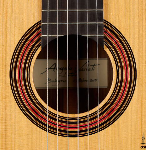 The rosette of a 2015 Angelo Vailati classical guitar (ex Gianvito Pulzone) made of spruce and Indian rosewood