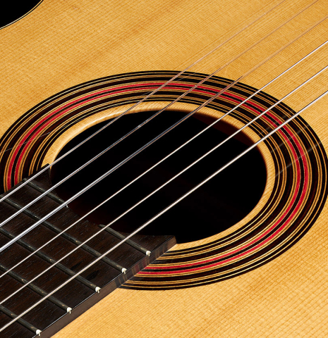 The top and rosette of a 2015 Angelo Vailati classical guitar (ex Gianvito Pulzone) made of spruce and Indian rosewood