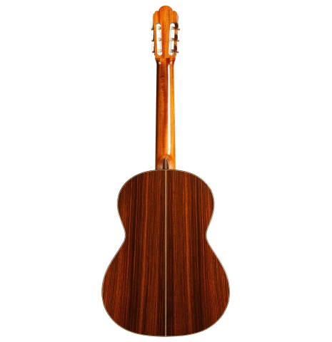 The back of a 1978 Manuel Velazquez classical guitar made of cedar and Indian rosewood