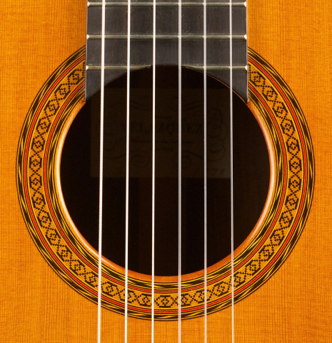 The rosette of a 1978 Manuel Velazquez classical guitar made of cedar and Indian rosewood