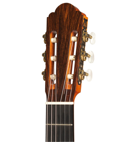 The headstock of a 1978 Manuel Velazquez classical guitar made of cedar and Indian rosewood