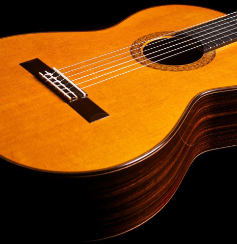 The soundboard of a 1978 Manuel Velazquez classical guitar made of cedar and Indian rosewood