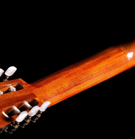 The back of the neck of a 1978 Manuel Velazquez classical guitar made of cedar and Indian rosewood