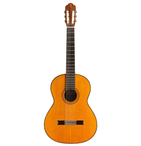 The front of a 1978 Manuel Velazquez classical guitar made of cedar and Indian rosewood