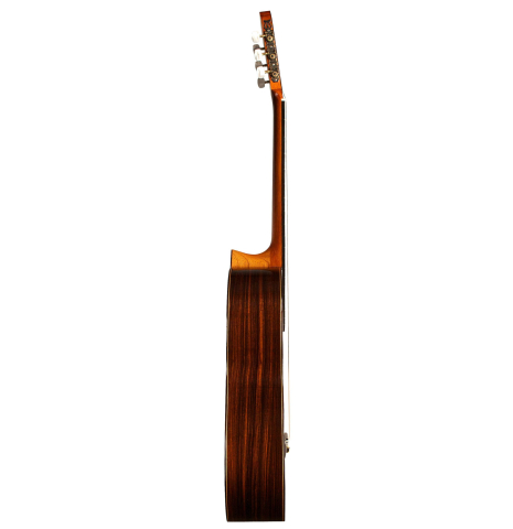 The side of a 1978 Manuel Velazquez classical guitar made of cedar and Indian rosewood