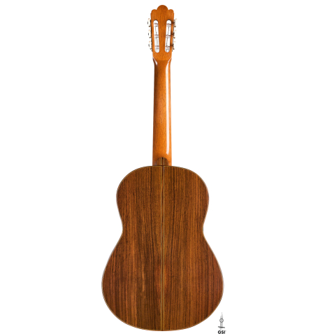 The back of a 2021 Hans van Velzen "1917 Garcia" classical guitar made with Spruce and Indian rosewood