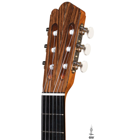 The headstock of a 2021 Hans van Velzen "1917 Garcia" classical guitar made with Spruce and Indian rosewood