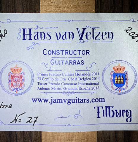 The label of a 2021 Hans van Velzen "1917 Garcia" classical guitar made with Spruce and Indian rosewood