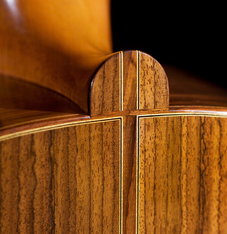 The back and heel of a 2021 Hans van Velzen "1917 Garcia" classical guitar made with Spruce and Indian rosewood
