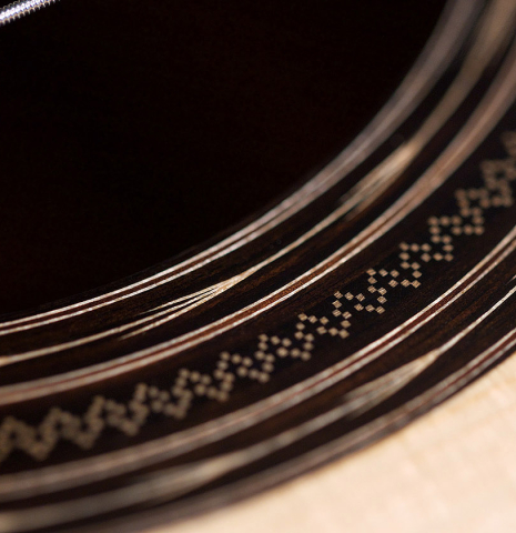 The rosette of a 2021 Hans van Velzen &quot;1917 Garcia&quot; classical guitar made with Spruce and Indian rosewood