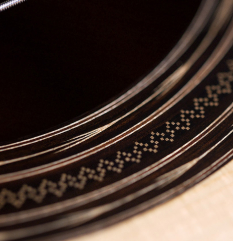 The rosette of a 2021 Hans van Velzen "1917 Garcia" classical guitar made with Spruce and Indian rosewood
