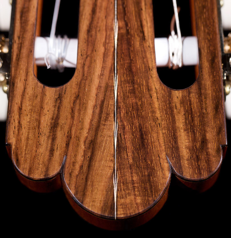 The headstock and tuners of a 2021 Hans van Velzen "1917 Garcia" classical guitar made with Spruce and Indian rosewood