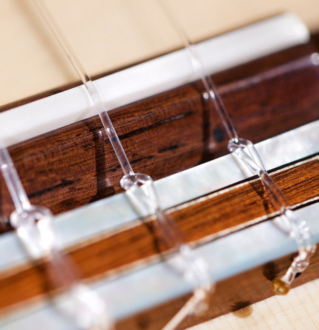 The bridge and saddle of a 2021 Hans van Velzen "1917 Garcia" classical guitar made with Spruce and Indian rosewood