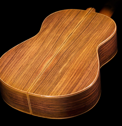 The back and sides of a 2021 Hans van Velzen "1917 Garcia" classical guitar made with Spruce and Indian rosewood