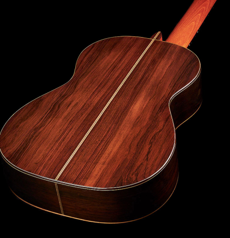 The back of a 2006 Manuel Velazquez classical guitar made with spruce and CSA rosewood.