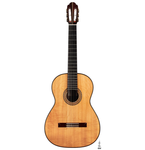 The front of a 2006 Manuel Velazquez classical guitar made with spruce and CSA rosewood.
