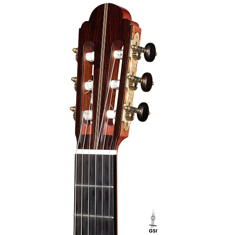 The headstock of a 2006 Manuel Velazquez classical guitar made with spruce and CSA rosewood.