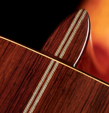 The heel of a 2006 Manuel Velazquez classical guitar made with spruce and CSA rosewood.