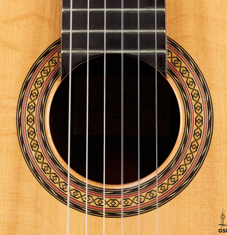 The rosette of a 2006 Manuel Velazquez classical guitar made with spruce and CSA rosewood.