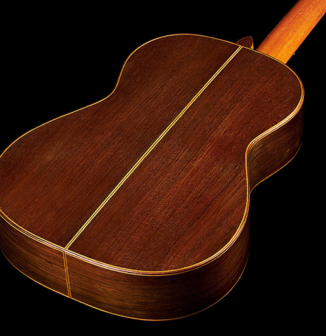 The back and sides at the foot of a 1955 Manuel Velazquez classical guitar made of spruce and CSA rosewood